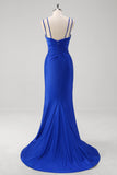 Sparkly Royal Blue Mermaid Spaghetti Straps Long Prom Dress With Slit