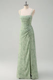 Dusty Sage Mermaid Floral Corset Ruched Long Prom Dress with Slit