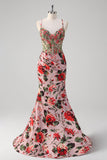 Blush Mermaid Spaghetti Straps Corset Floral Prom Dress