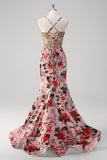 Blush Mermaid Spaghetti Straps Corset Floral Prom Dress