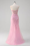 Pink Mermaid Spaghetti Straps Sequin Corset Long Prom Dress