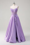 Purple A Line Spaghetti Straps Floral Long Prom Dress with Slit