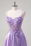 Purple A Line Spaghetti Straps Floral Long Prom Dress with Slit