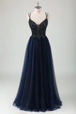 Sparkly Navy Spaghetti Straps A Line Long Prom Dress with Sequins