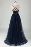 Sparkly Navy Spaghetti Straps A Line Long Prom Dress with Sequins