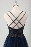 Sparkly Navy Spaghetti Straps A Line Long Prom Dress with Sequins