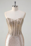 Champagne Mermaid Strapless Corset Long Prom Dress With Beading