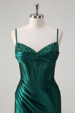 Sparkly Dark Green Mermaid Corset Beaded Long Prom Dress with Slit