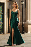 Sparkly Dark Green Corset Mermaid Beaded Long Prom Dress with Slit