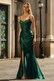 Sparkly Dark Green Corset Mermaid Beaded Long Prom Dress with Slit