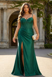 Sparkly Dark Green Corset Beaded Mermaid Long Plus Size Prom Dress with Slit