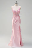 Sparkly Sequins Light Pink Mermaid Ruched Corset Prom Dress with Slit