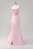 Pink Mermaid Spaghetti Straps Corset Prom Dress with Slit