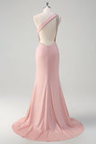 Sparkly Light Pink Mermaid One Shoulder Beaded Satin Long Prom Dress with Slit