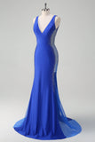 Sparkly Royal Blue Mermaid V Neck Beaded Satin Long Prom Dress