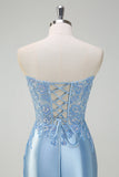 Sparkly Light Blue Mermaid Strapless Corset Sequin Satin Prom Dress with Slit