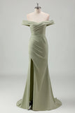 Sage Mermaid Off the Shoulder Ruched Long Prom Dress With Slit