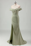 Sage Mermaid Off the Shoulder Ruched Long Prom Dress With Slit