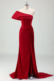 Red Mermaid One Shoulder Pleats Satin Long Bridesmaid Dress with Slit