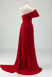 Red Mermaid One Shoulder Pleats Satin Long Bridesmaid Dress with Slit