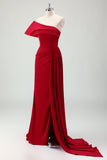 Red Mermaid One Shoulder Pleats Satin Long Bridesmaid Dress with Slit