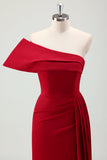 Red Mermaid One Shoulder Pleats Satin Long Bridesmaid Dress with Slit