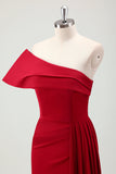 Red Mermaid One Shoulder Pleats Satin Long Bridesmaid Dress with Slit