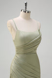 Sage Mermaid Spaghetti Straps Ruched Satin Bridesmaid Dress with Slit