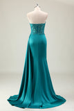 Green Sheath Sweetheart Corset Beaded Long Prom Dress With Appliqued Lace