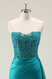 Green Sheath Sweetheart Corset Beaded Long Prom Dress With Appliqued Lace