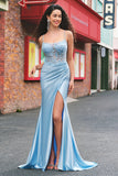 Blue Mermaid Spaghetti Straps Appliqued Long Prom Dress with Slit