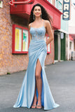 Blue Mermaid Spaghetti Straps Appliqued Long Prom Dress with Slit