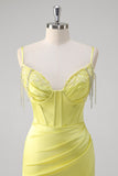 Yellow Mermaid Corset Spaghetti Straps Long Prom Dress With Slit