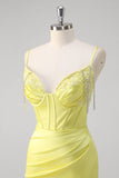 Yellow Mermaid Corset Spaghetti Straps Long Prom Dress With Slit