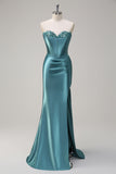 Sparkly Grey Green Mermaid Sequin Strapless Corset Satin Prom Dress with Slit