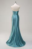 Sparkly Grey Green Mermaid Sequin Strapless Corset Satin Prom Dress with Slit