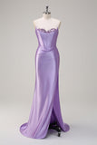 Sparkly Lilac Mermaid Strapless Corset Sequin Satin Long Prom Dress with Slit