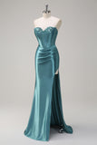 Sparkly Grey Green Mermaid Sequin Strapless Corset Satin Prom Dress with Slit