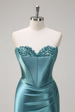 Sparkly Grey Green Mermaid Sequin Strapless Corset Satin Prom Dress with Slit