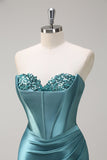 Sparkly Grey Green Mermaid Sequin Strapless Corset Satin Prom Dress with Slit