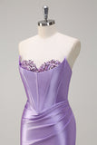 Sparkly Lilac Mermaid Strapless Corset Sequin Satin Long Prom Dress with Slit