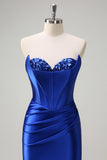 Royal Blue Mermaid Strapless Corset Sequin Ruched Long Prom Dress with Slit