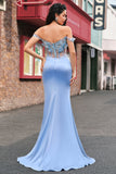 Mermaid Sky Blue Off The Shoulder Corset Long Prom Dress With Slit