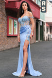 Mermaid Sky Blue Off The Shoulder Corset Long Prom Dress With Slit