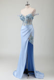 Sky Blue Mermaid Off The Shoulder Corset Long Prom Dress With Slit