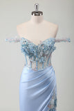 Sky Blue Mermaid Off The Shoulder Corset Long Prom Dress With Slit