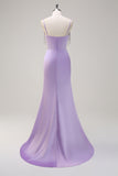 Lilac Mermaid Spaghetti Straps Ruched Corset Long Prom Dress With Beading