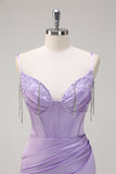 Lilac Mermaid Spaghetti Straps Ruched Corset Long Prom Dress With Beading