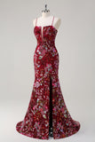 Sparkly Burgundy Mermaid Long Sequin Floral Prom Dress with Slit