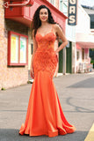 Orange Mermaid Corset Spaghetti Straps Beaded Long Prom Dress